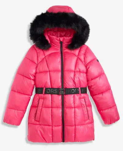 Michael Kors Kids' Girls 7-16 Active Belted Stadium Puffer Jacket With Faux-fur Trim In Pink