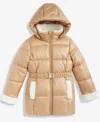 Michael Kors Girls 7-16 Belted Stadium Puffer Jacket With Faux-fur Trim In Brown