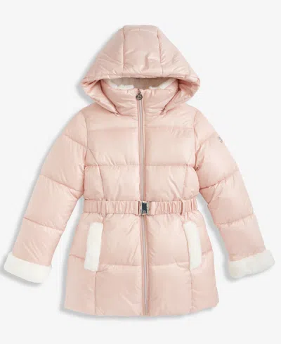 Michael Kors Kids' Girls 7-16 Belted Stadium Puffer Jacket With Faux-fur Trim In Pink