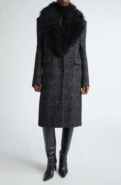 Michael Kors Glen Plaid Chesterfield Coat With Faux Fur Collar In Black/white