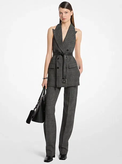 Michael Kors Glen Plaid Wool Belted Backless Blazer In Black