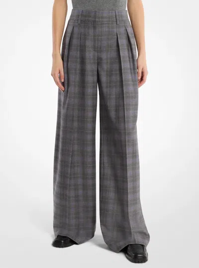 Michael Kors Glen Plaid Wool Pleated Slouch Trousers In Grey In Burgundy