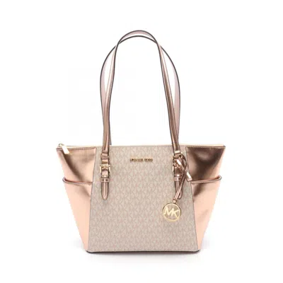Pre-owned Michael Kors Gold White Coated Canvas Leather Tote Bag ()