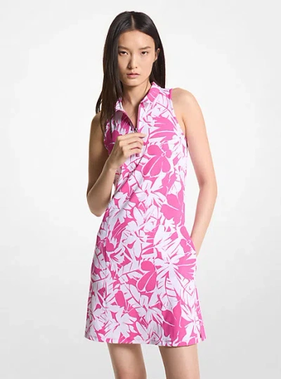 Michael Kors Golf Palm Print Stretch Knit Zip-up Polo Dress In Pink