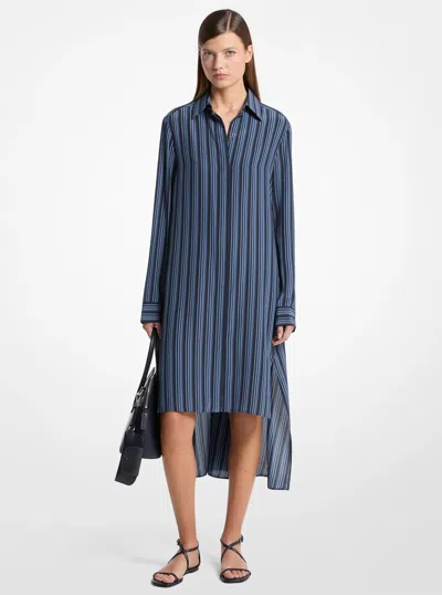 Michael Kors Graphic Striped Crepe De Chine High-low Shirtdress In Blue
