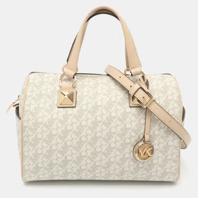 Pre-owned Michael Kors Grayson Medium Beige Signature Coated Canvas And Leather Satchel In Sand