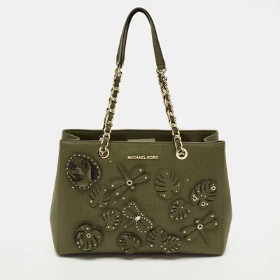 Pre-owned Michael Kors Green Leather Medium Ew Susannah Embellished Tote