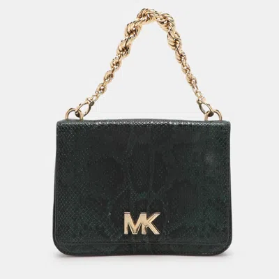 Pre-owned Michael Kors Green Python Embossed Leather Turn Lock Shoulder Bag