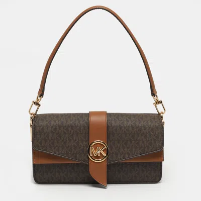 Pre-owned Michael Kors Greenwich Medium Signature Brown Coated Canvas And Leather Top Handle Bag