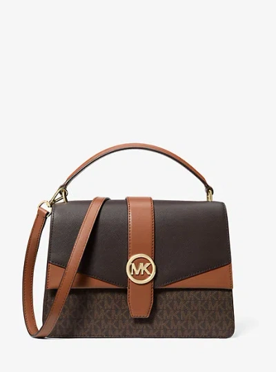 Michael Kors Greenwich Medium Signature Logo Satchel In Brown