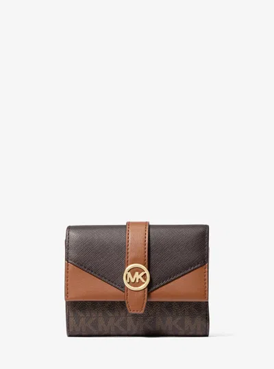 Michael Kors Greenwich Medium Signature Logo Trifold Wallet In Brown