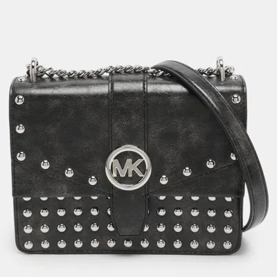 Pre-owned Michael Kors Greenwich Studded Small Black/grey Leather Crossbody Bag