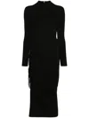 Michael Kors Black Crewneck Midi Dress With Ruched Detail In Wool Woman In Black