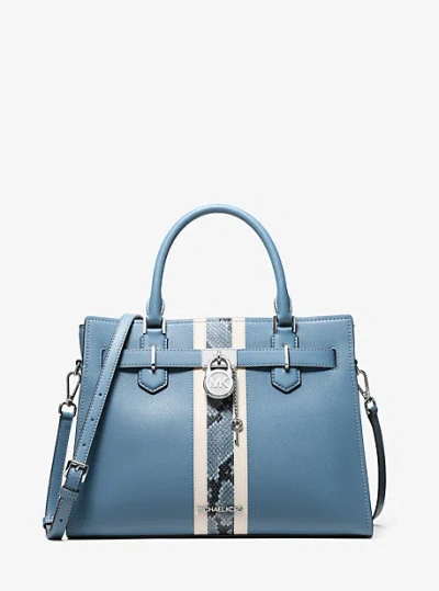 Michael Kors Hamilton Medium Leather And Snake Embossed Stripe Satchel In Blue