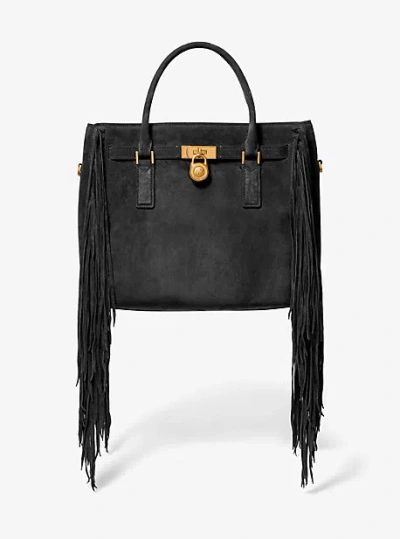 Michael Kors Hamilton Moderne Large Fringed Suede Satchel In Black