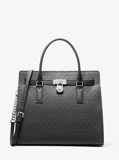 Michael Kors Hamilton Moderne Large Signature Logo Satchel In Black