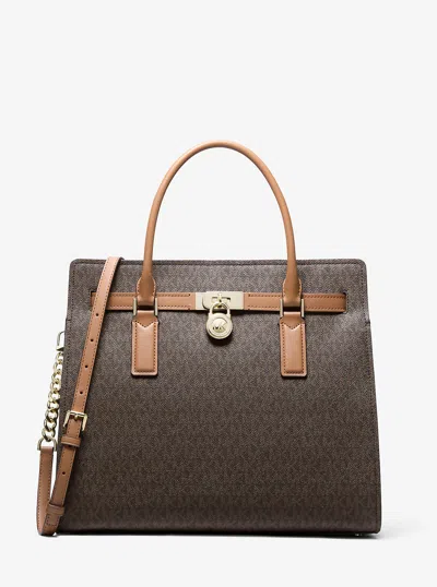 Michael Kors Hamilton Moderne Large Signature Logo Satchel In Brown
