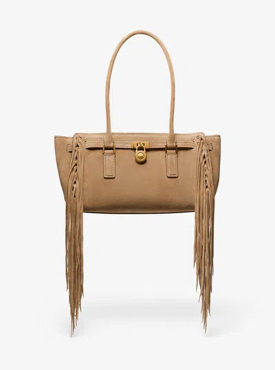 Michael Kors Hamilton Moderne Small Fringed Suede Satchel In Brown