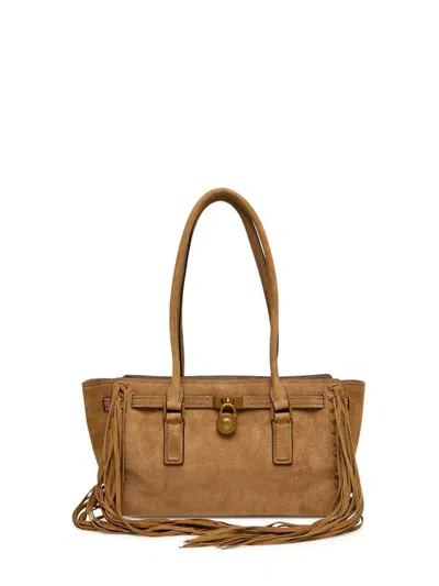 Michael Kors Hamilton Moderne Small Suede Logo Satchel With Fringes