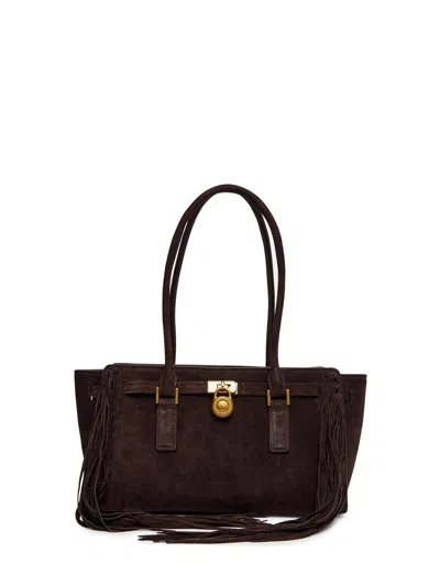 Michael Kors Hamilton Moderne Small Suede Logo Satchel With Fringes