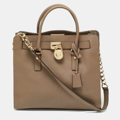 Pre-owned Michael Kors Hamilton North South Beige Leather Tote In Sand