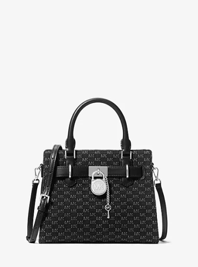 Michael Kors Hamilton Small Logo Embossed Washed Denim Satchel In Black