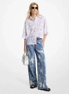 Michael Kors White Beaded Shirt With All-over Floral Embroidery In Tech Fabric Woman In Blue