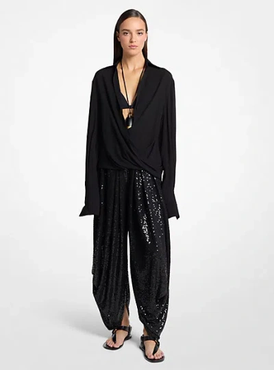 Michael Kors Hand-embellished Sequin Georgette Jersey Draped Pants In Black