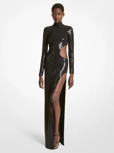 Michael Kors Hand-embroidered Crystal Stretch Cady Cutout Gown In Black