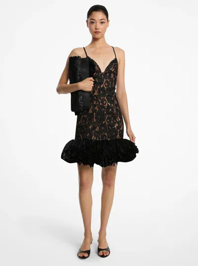 Michael Kors Hand-embroidered Floral Lace And Fringe Cocktail Shaker Dress In Black
