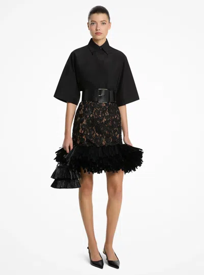 Michael Kors Hand-embroidered Floral Lace And Fringe Skirt In Black