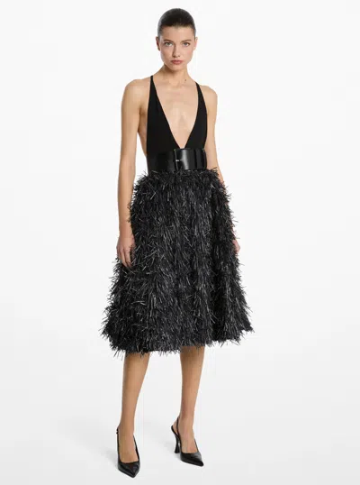 Michael Kors Hand-embroidered Fringe Jacquard Circle Skirt In Black