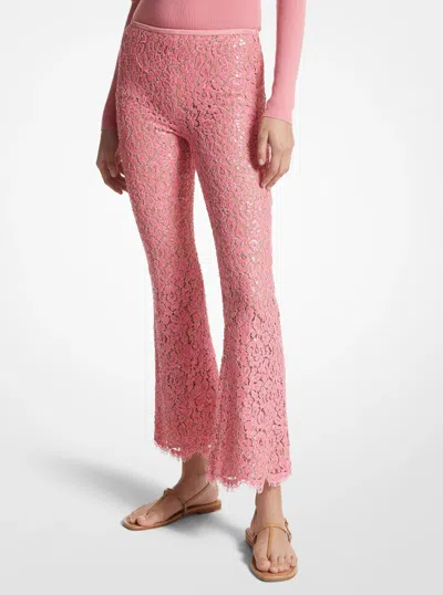 Michael Kors Hand-embroidered Sequin Floral Lace Cropped Pants In Pink