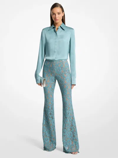 Michael Kors Hand-embroidered Sequin Floral Lace Flared Pants In Blue