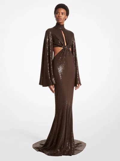 Michael Kors Hand-embroidered Sequin Stretch Matte Jersey Fishtail Gown In Brown