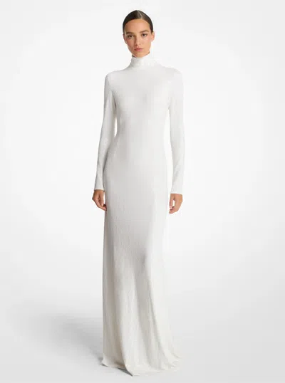 Michael Kors Hand-embroidered Sequin Stretch Matte Jersey Mock Neck Gown In White