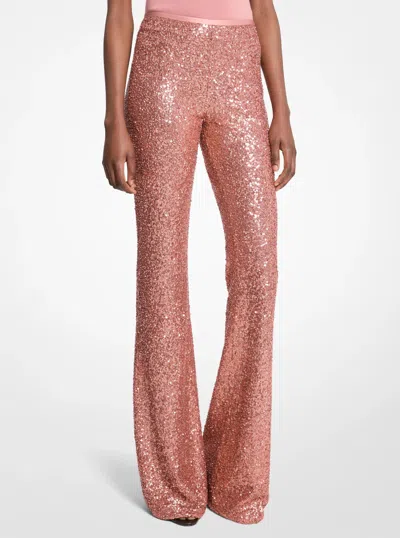 Michael Kors Hand-embroidered Sequin Stretch Tulle Flared Pants In Pink