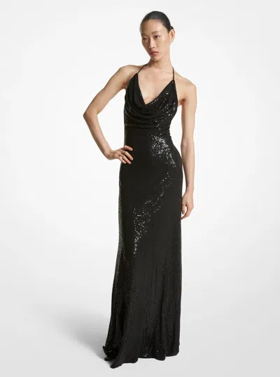 Michael Kors Hand-embroidered Sequin Viscose Cowl Gown In Black