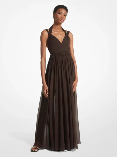 Michael Kors Hand-gathered Silk Chiffon Split-strap Gown In Brown