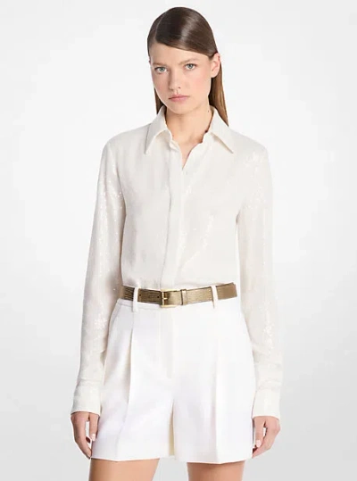 Michael Kors Hansen Hand-embroidered Sequin Silk Georgette Shirt In White