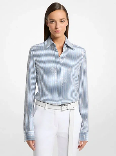 Michael Kors Hansen Sequined Striped Silk Crepe De Chine Shirt In Blue
