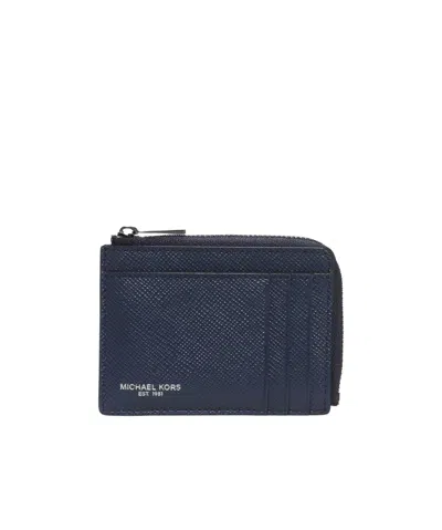 Michael Kors Harrison L-shaped Zip Leather Cardholder In Navy Blue
