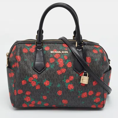Pre-owned Michael Kors Hayes Large Black Signature Rose Print Coated Canvas Duffel Bag