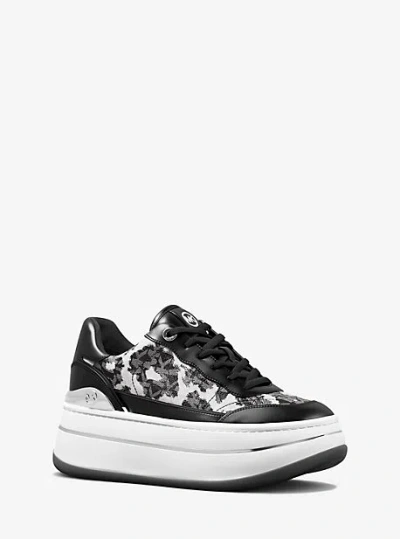 Michael Kors Hayes Leopard Logo And Leather Platform Sneaker In Black