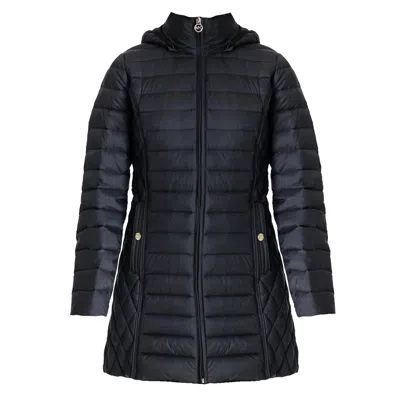 Michael Kors Hooded Down Packable Jacket Coat With Removable Hood In Black In Blue
