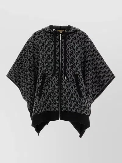 Michael Kors Hooded Wool Blend Poncho Patterned Pockets In Black