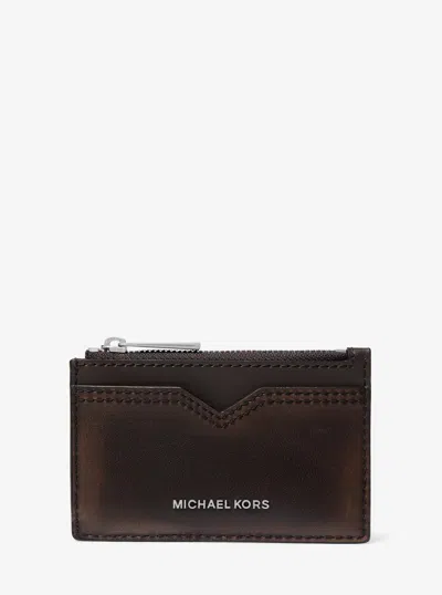 Michael Kors Hudson Burnished Leather Card Case In Brown