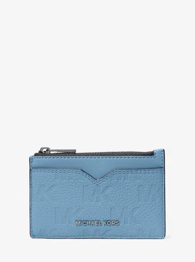 Michael Kors Hudson Logo Embossed Leather Card Case In Blue