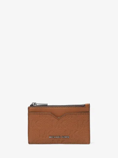 Michael Kors Hudson Logo Embossed Leather Card Case In Brown