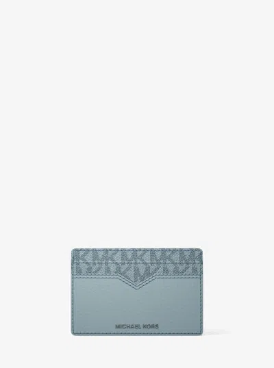 Michael Kors Hudson Pebbled Leather And Signature Logo Money Clip Card Case In Blue